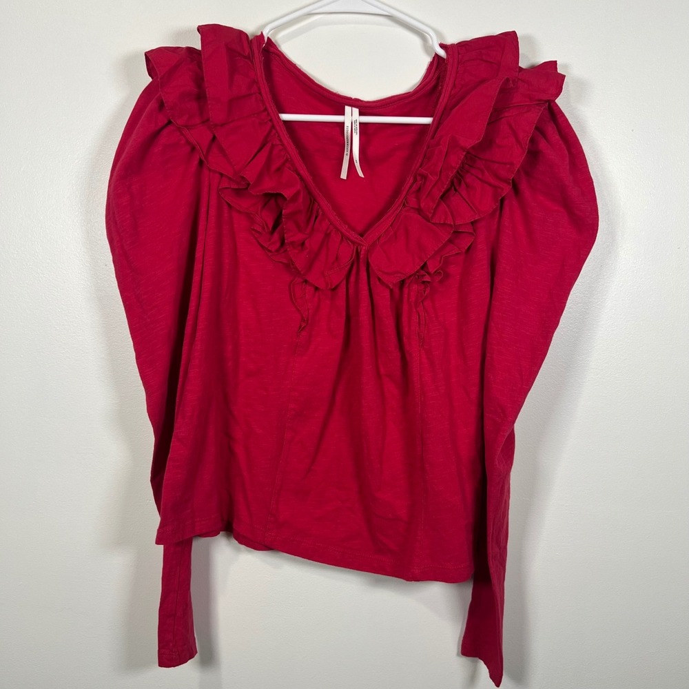 Anthropologie Womens Ruffle V-Neck Puff Sleeve Romantic Red Blouse XS